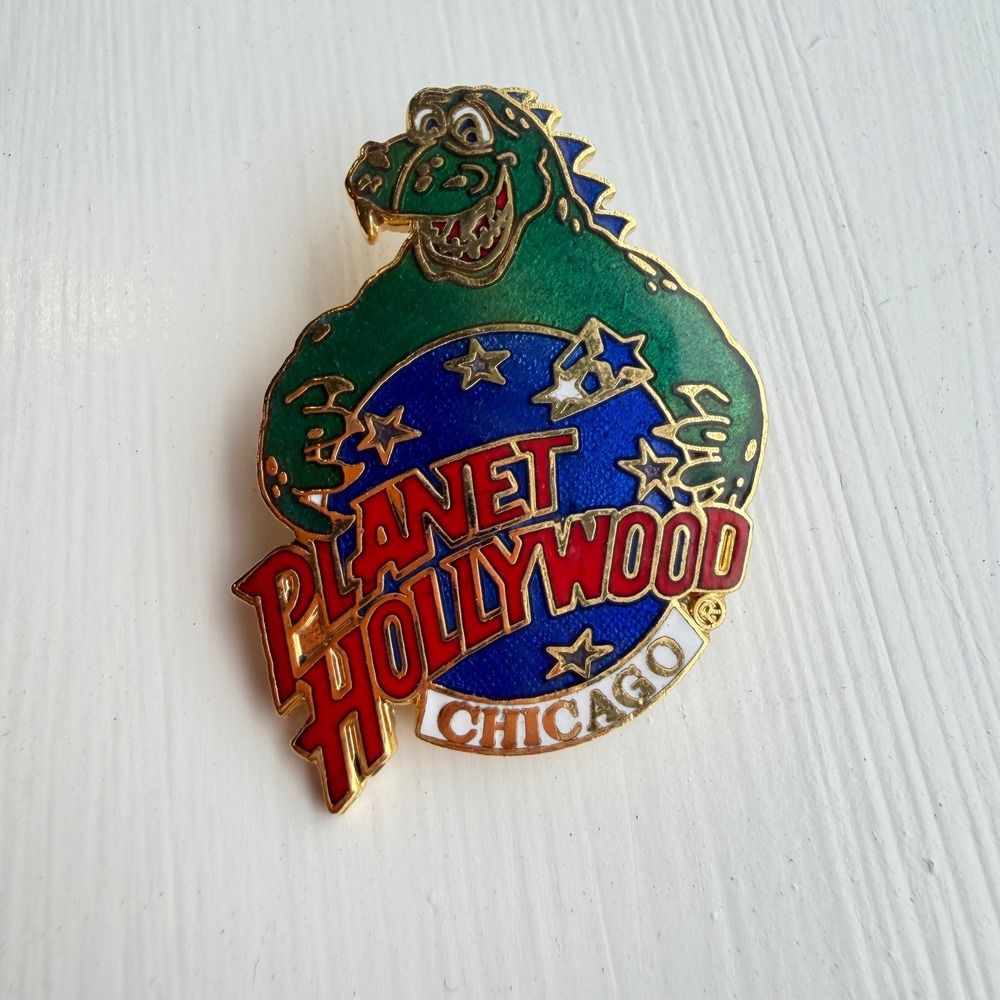 Vintage Planet Hollywood Chicago Pin Dinosaur Globe Logo Enamel Brooch Gold Tone